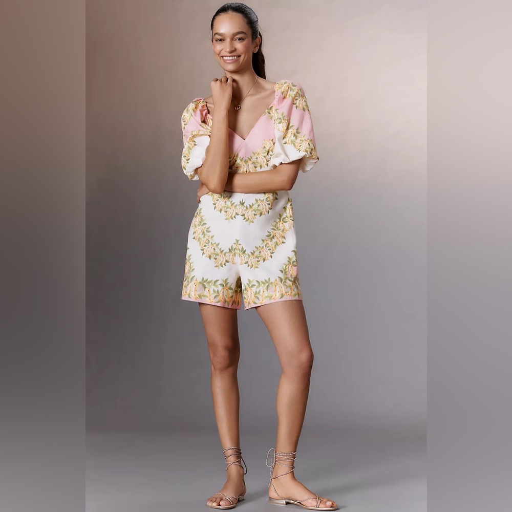 Farm Rio Puff-Sleeve Linen Blend Romper
